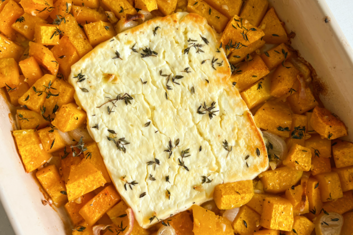 Baked Feta Butternut Squash with Chicken Sausage and Orzo