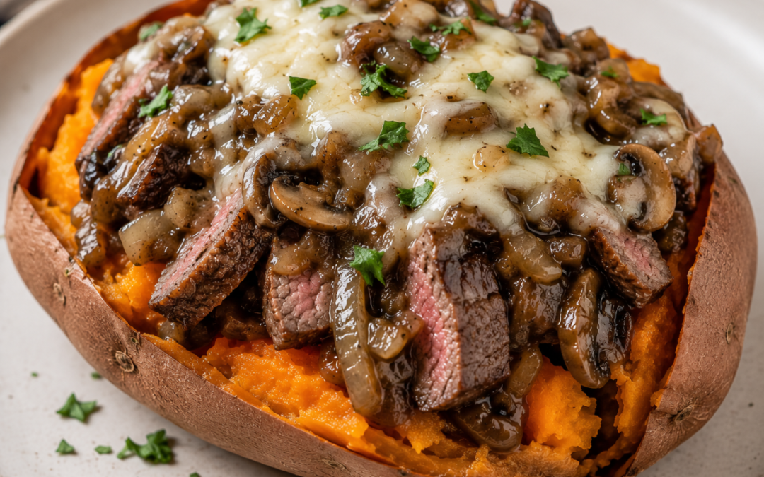 Steak Marsala Stuffed Sweet Potatoes