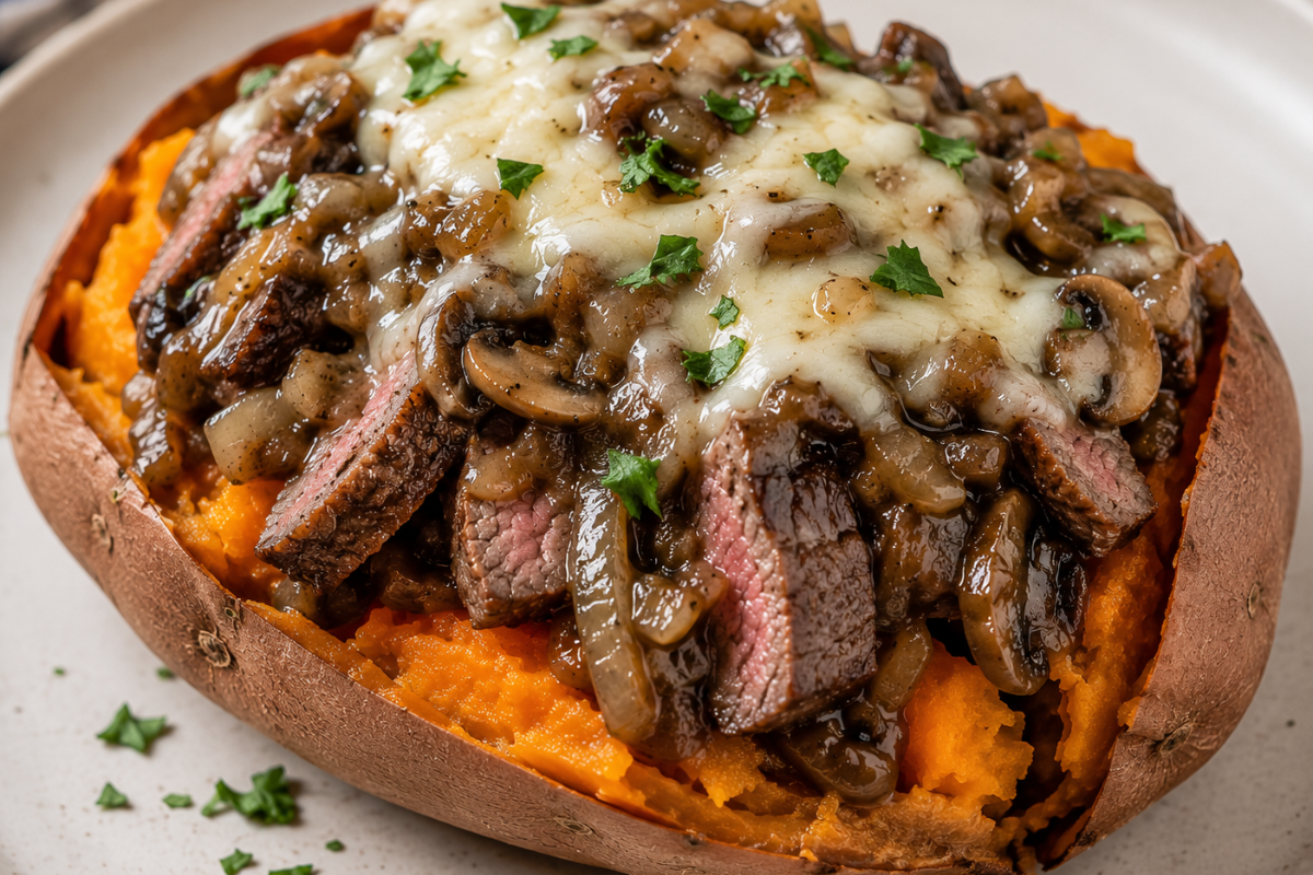 Steak Marsala Stuffed Sweet Potatoes