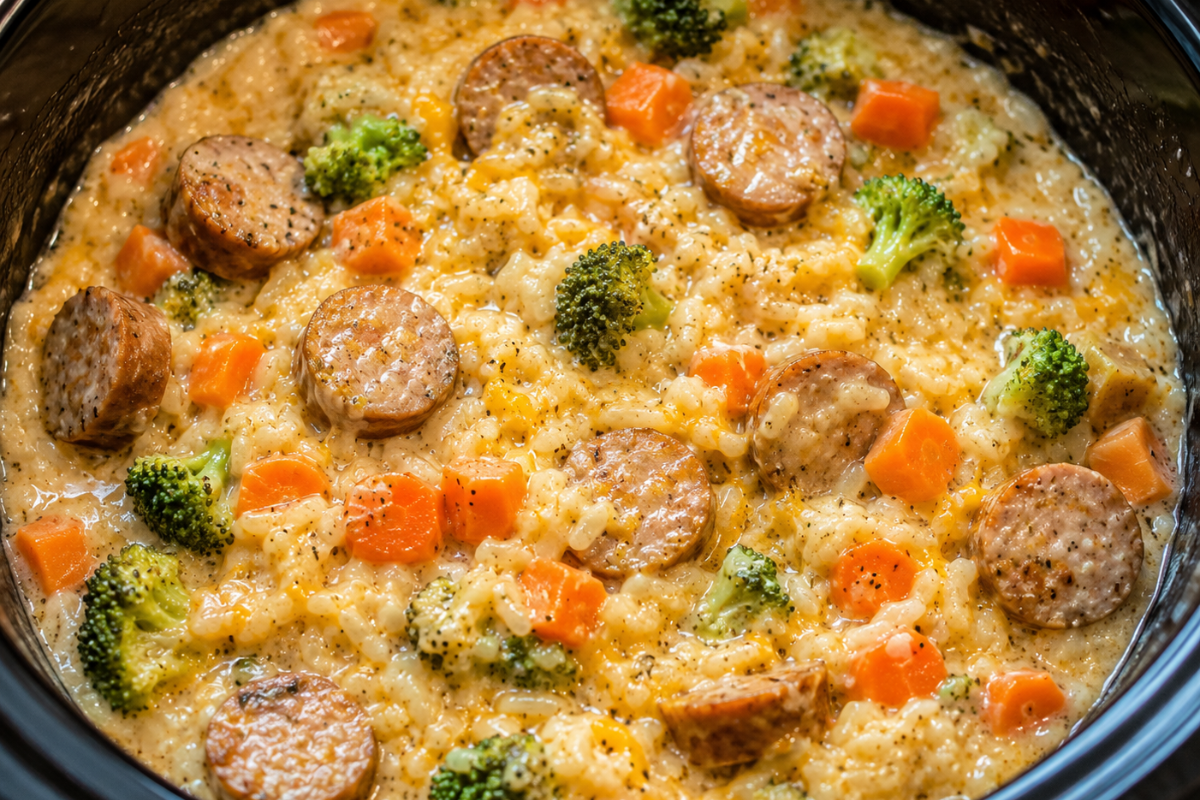 Crockpot Chicken Sausage & Cheddar Risotto